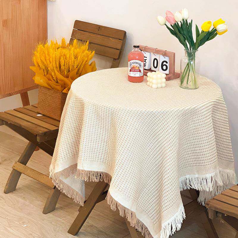法式ins风棉麻日式田园白色桌布茶几布床头柜复古流苏圆桌餐桌布