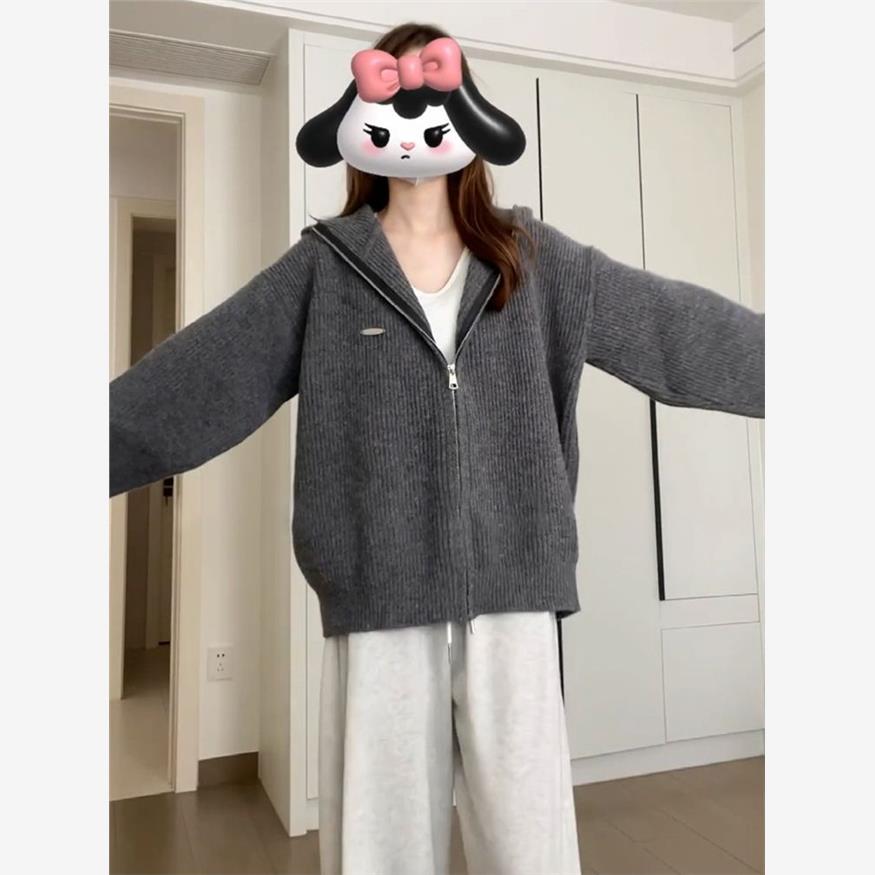 秋冬季慵懒风高级感灰色连帽毛衣外套女秋冬2024新款古着复古宽松