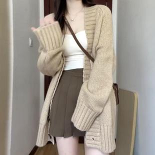 针织开衫女士秋冬季中长款慵懒风小个子宽松外穿加厚百搭毛衣外套