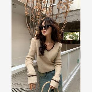 复古显瘦内搭打底毛衣潮 女秋冬新款 法式 高级感撞色V领锁边针织衫