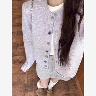 紫色圆领毛衣外套女2025春秋新款慵懒温柔风软糯针织开衫短款上衣