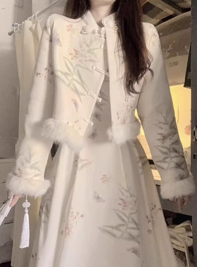 新中式复古套装裙2025秋冬加厚保暖高级感外套连衣裙气质两件装裙