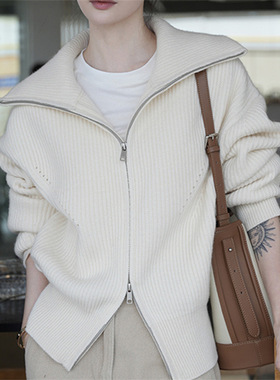 慵懒风双拉链翻领针织开衫女2025年秋冬新款高级软糯毛衣外套上衣