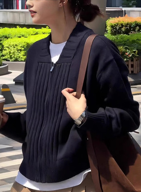 慵懒风时尚藏青色拉链针织开衫外套女2025秋冬新款休闲百搭毛衣潮