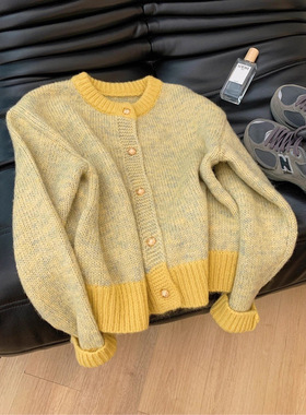 小香风黄色短款毛衣外套女秋新款慵懒风小个子秋季针织开衫上衣