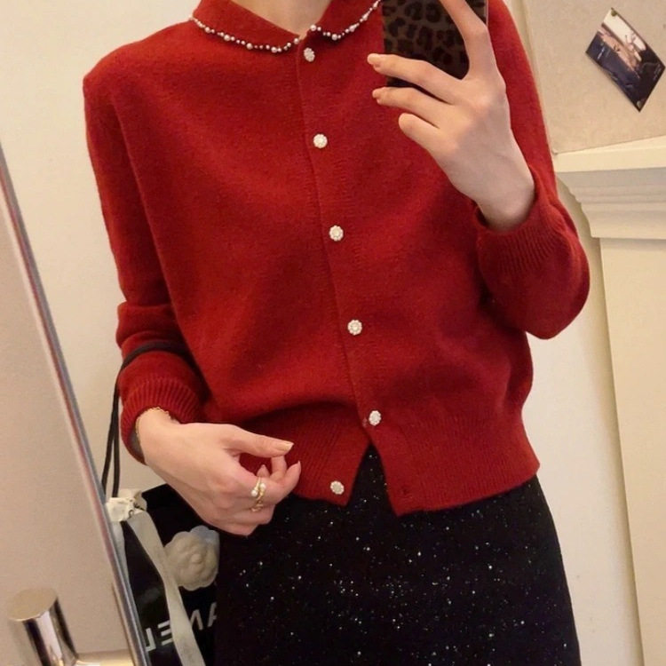 短款小香风红色毛衣开衫女秋2025新款爆款设计感翻领针织衫上衣,孕妇装/孕产妇用品/营养,针织衫,淘宝优惠券,粉丝福利购,淘宝优惠卷
