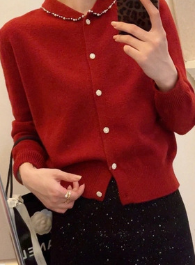 短款小香风红色毛衣开衫女秋2025新款爆款设计感翻领针织衫上衣