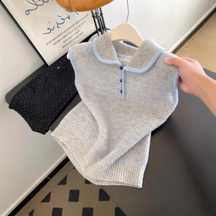 坎肩上衣 叠穿无袖 早秋慵懒感 韩系风蓝白条纹针织马甲背心女秋季