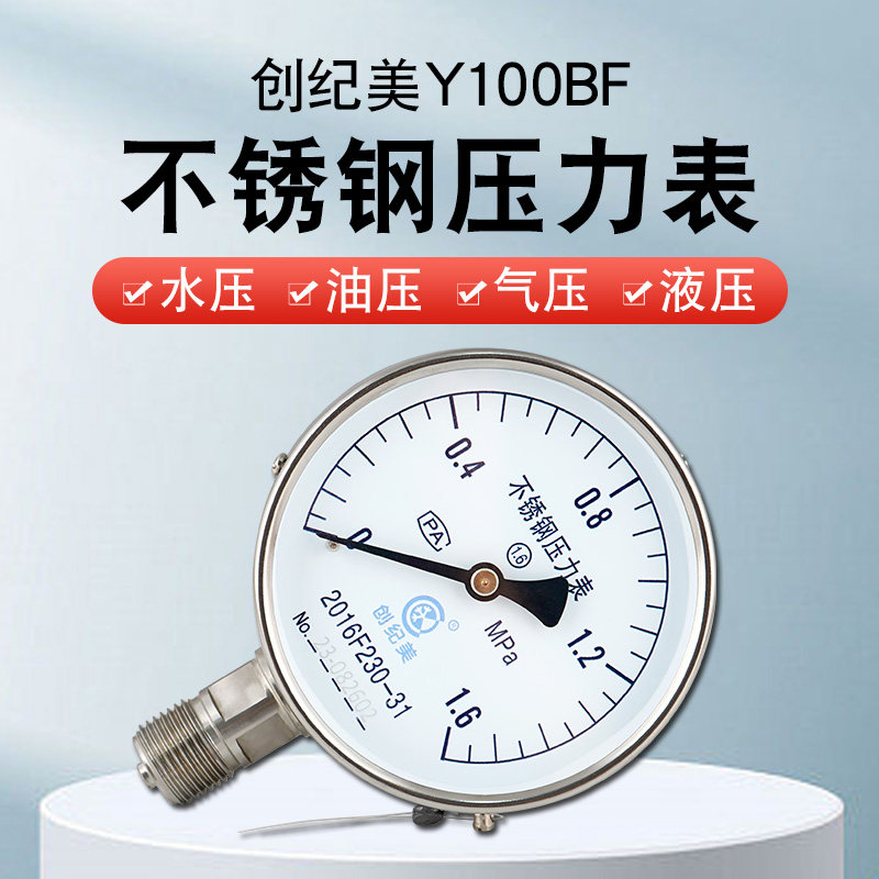 不锈钢压力表Y100BF氨用气压水压油压液压高精度0-0.6/1.0/1.6mpa
