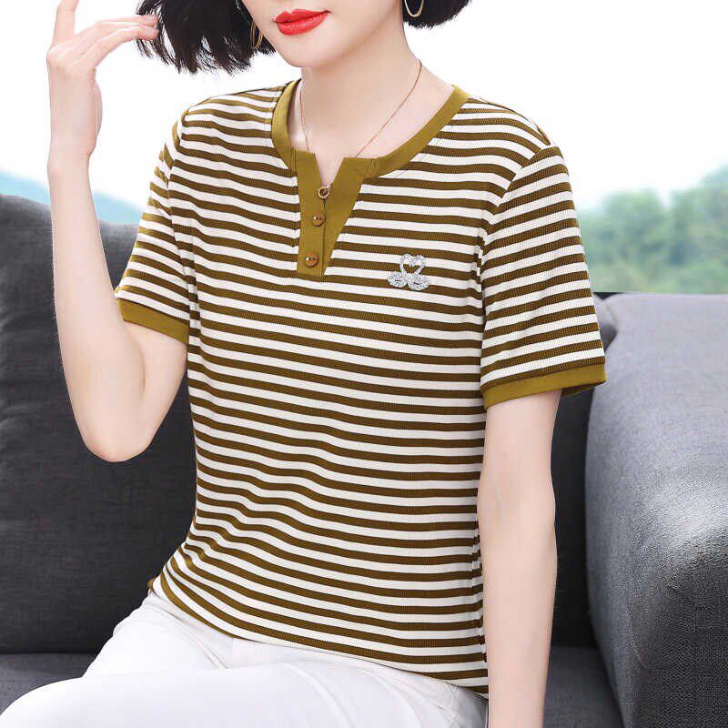 妈妈短袖t恤女 2024夏装新款纯棉正肩条纹小衫中老年减龄体恤上衣