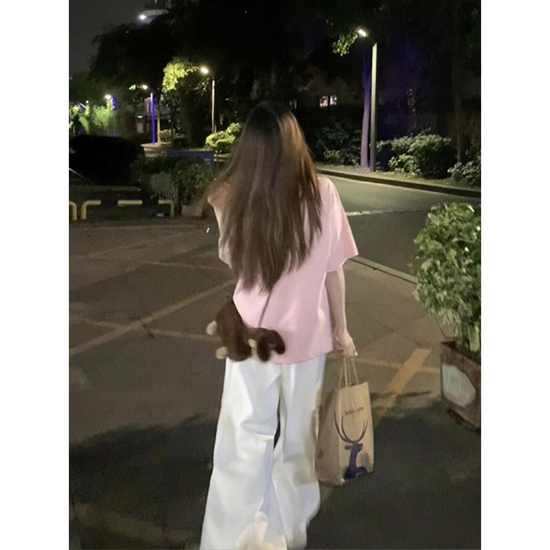 韩系慵懒感穿搭运动套装女夏季纯棉粉色短袖T恤白色长裤两件套潮