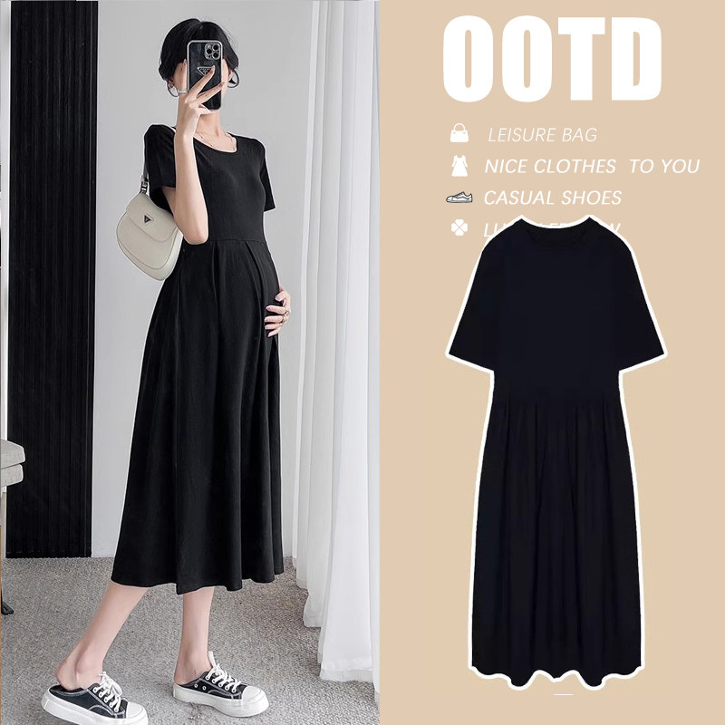孕妇夏装连衣裙夏款褶皱纯棉小个子收腰修身显瘦2025新款a字裙子