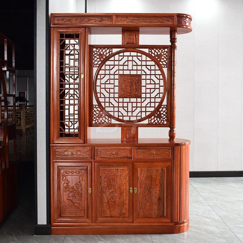 新中式仿古实木家用入户门龙柱玄关柜双面屏风隔断客厅遮挡福字柜