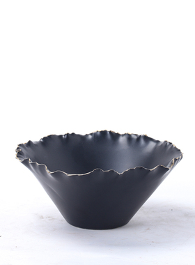 现代简约b白色金边陶瓷果盘摆件新中式样板房软装黑色花瓶花盆饰