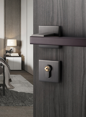 灰色卧室门锁室内磁吸实木房门房间门把手静音分体木门.锁家用锁