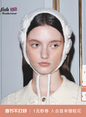 RockfishWeatherwear冬季时尚系带复古保暖护耳手工钩针花朵耳罩