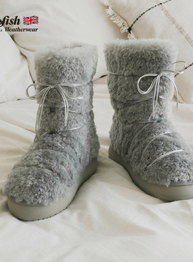 Rockfish Weatherwear卷毛靴蓬松毛绒双排细缎带厚底舒适保暖