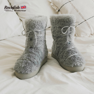 RockfishWeatherwear冬季卷毛蓬松厚底时尚双排缎带毛毛鞋雪地靴