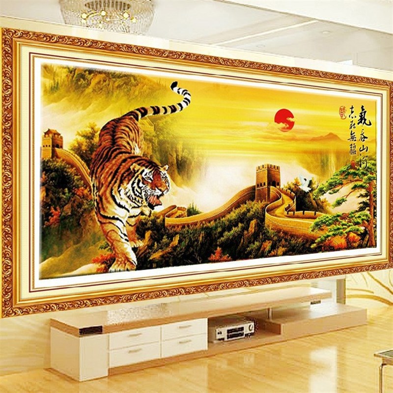 5D新款猛虎下山大幅贴钻画气吞山河客厅餐厅万里长城钻石画十字绣