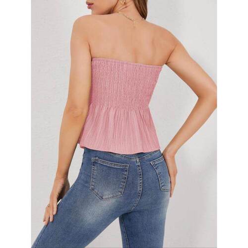款Women's Asymmetrical Hem Shirred Crop Tube Top Solid