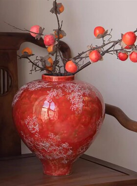 新中式陶瓷花瓶国潮风红色高级轻奢装饰摆件复古酒店民宿陶罐装饰