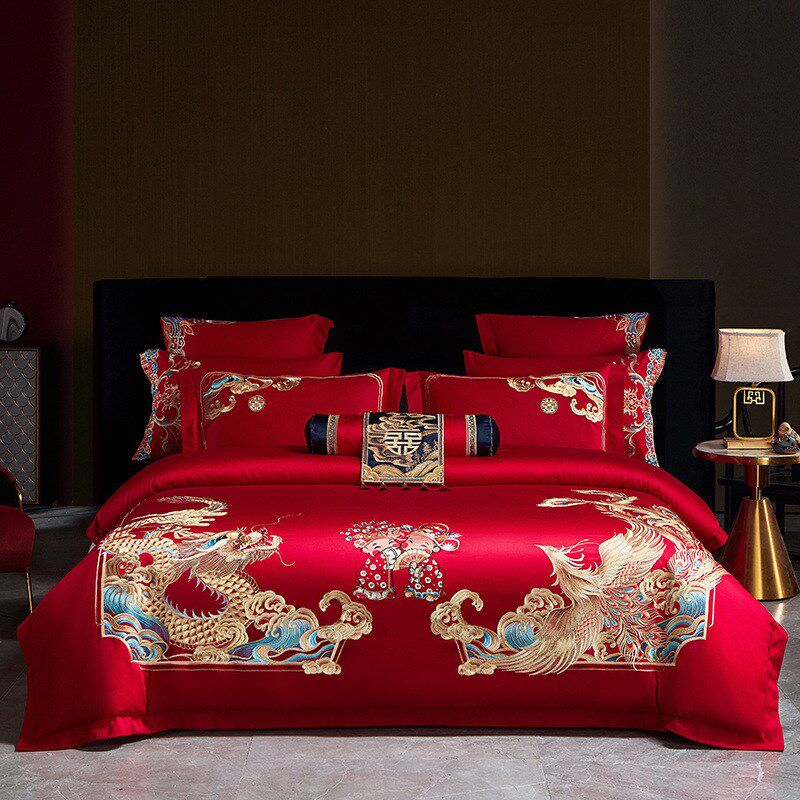结婚四件套红色长绒棉刺绣花婚床婚礼喜被高档婚庆多件套床上用品