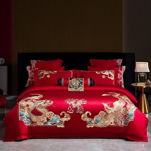 结婚四件套红色长绒棉刺绣花婚床婚礼喜被高档婚庆多件套床上用品