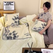 新中式 古典水墨画抱枕被子制定印公司logo活动礼品靠垫被亚麻夏季