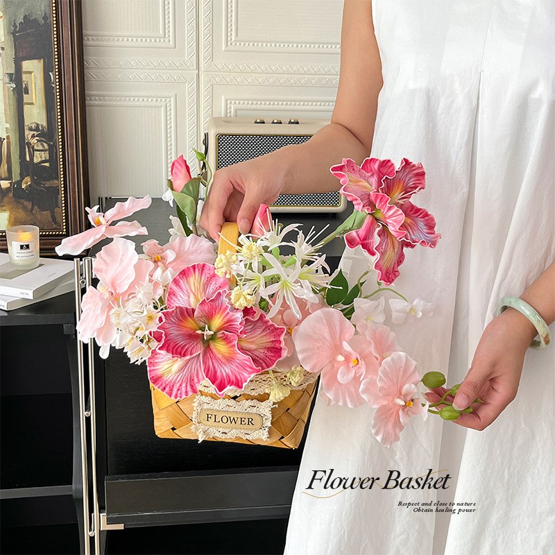 时尚蕾丝皮标编织花篮仿真花摆件客厅餐桌假花装饰野餐拍照道具篮