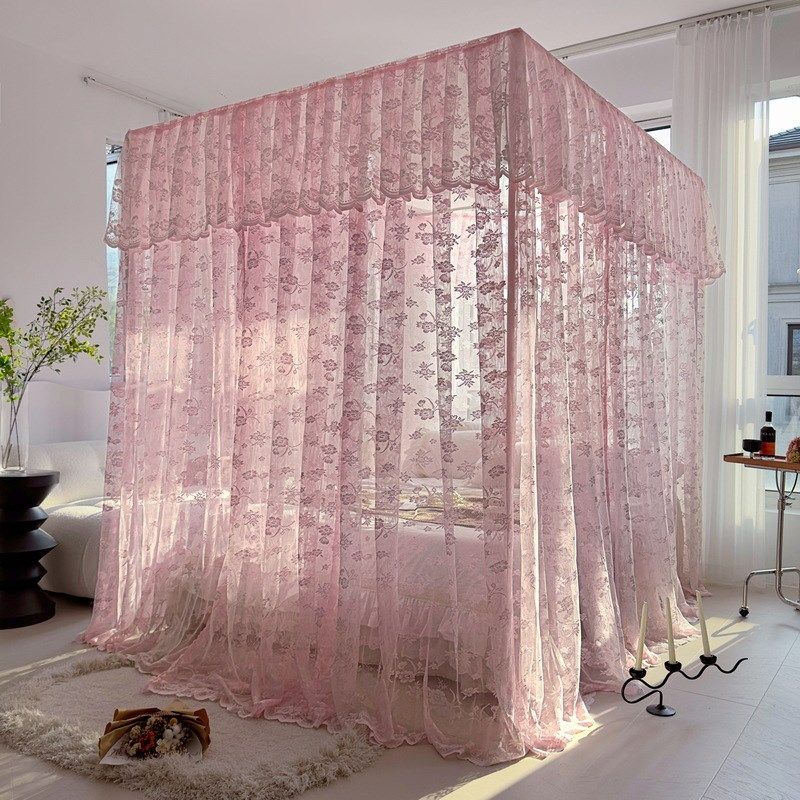 高档提花蕾丝蚊帐三开门落地床帘蚊帐家用民宿加密床幔1.8双人床