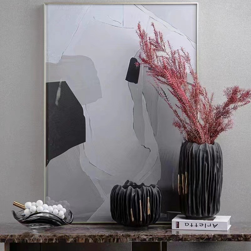 简约北欧风金g边黑色树脂干花器客厅茶几餐桌插花花瓶桌面轻奢摆