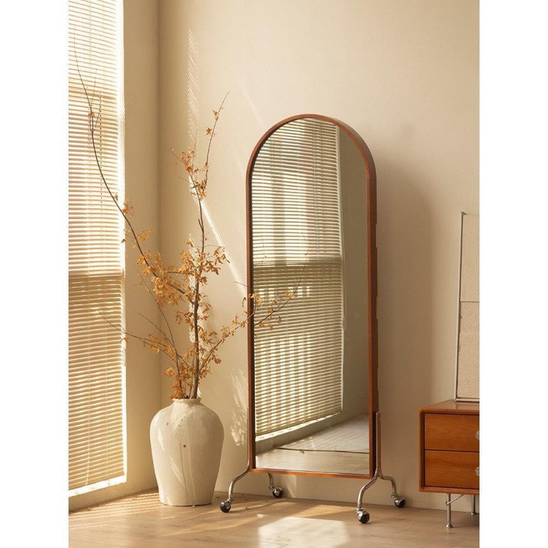 杂志架全身镜实木穿衣镜全身镜落地镜家用试衣镜子可移动带杂志架
