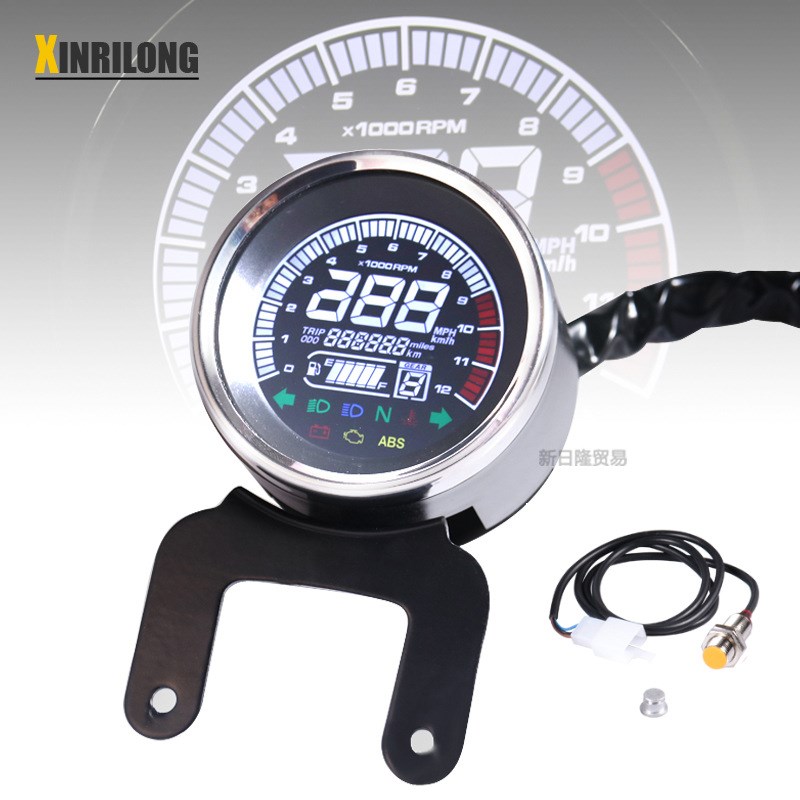 摩托车复古改装液晶仪表电子转速表可公英里切换多功能指示里程表