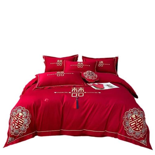 新中式婚庆四件套大红色刺绣被套新婚简约结婚床上用品陪嫁婚房4