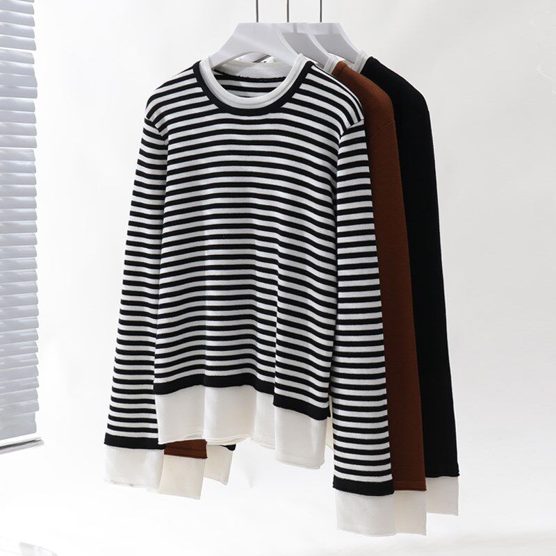 撞色假两件羊毛针织衫女秋冬大码胖mm200斤宽松显瘦圆领打底上衣