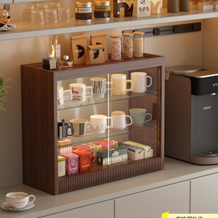 实木桌面置物柜杯子置物架餐厅家用餐边柜咖啡杯玻璃移门收纳柜子