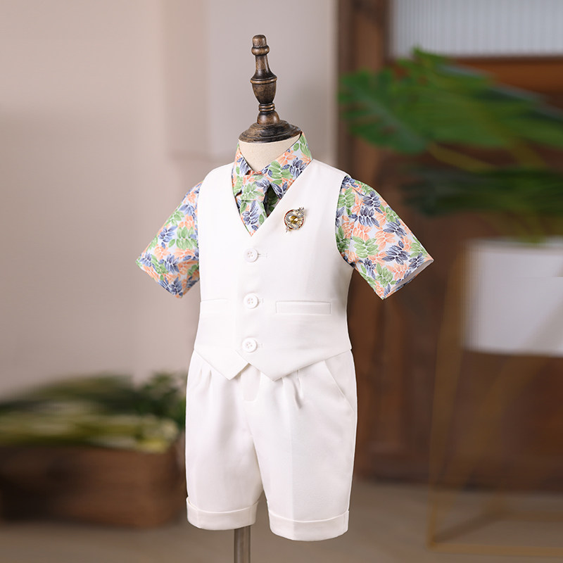 儿童西装套装男童白色夏季花童婚礼礼服小男孩主持人比赛演出服夏