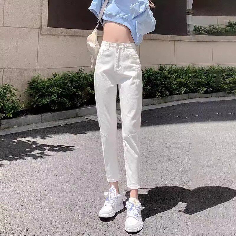 白色哈伦牛仔裤女2025春秋新款高腰显瘦九分小个子梨型身材萝卜裤