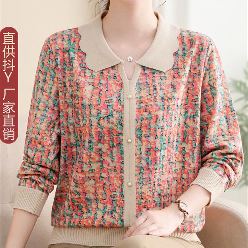 2025新款碎花针织衫上衣中老年女装翻领打底衫妈妈秋装薄毛衣套装