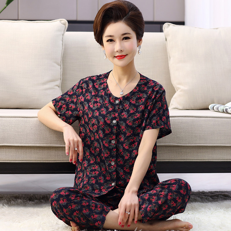开衫睡衣女春夏短袖纯棉绵绸薄款中老年妈妈女装可外穿家居服套装