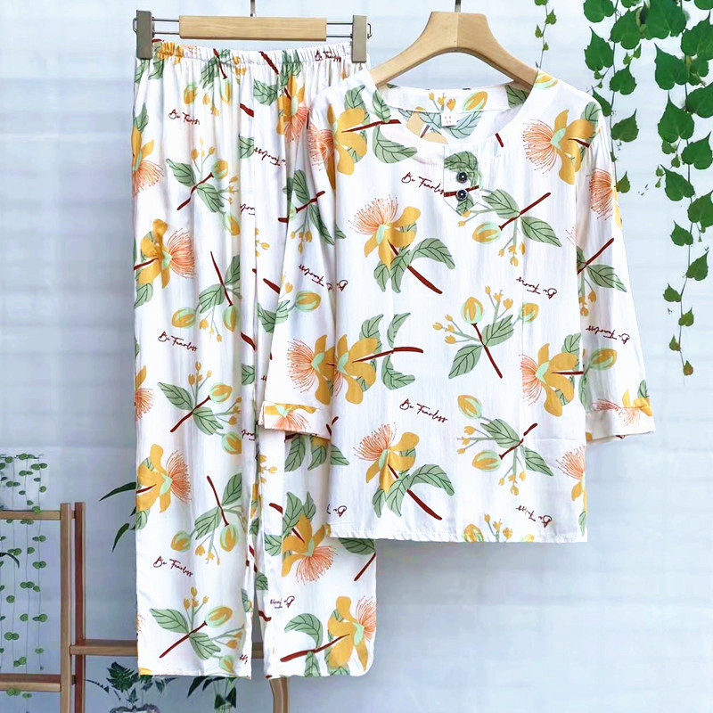夏季棉绸睡衣女套装家居服薄款奶奶两件套中老年人妈妈绵绸可外穿