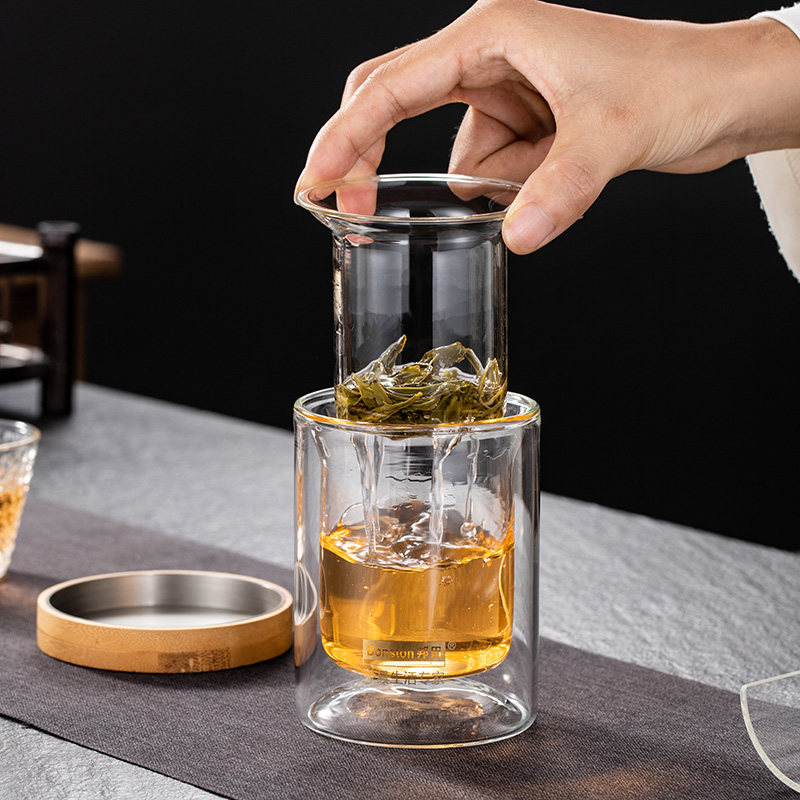 双层玻璃杯家用隔热带盖水杯子简约D办公茶杯透明加厚带过滤玻璃