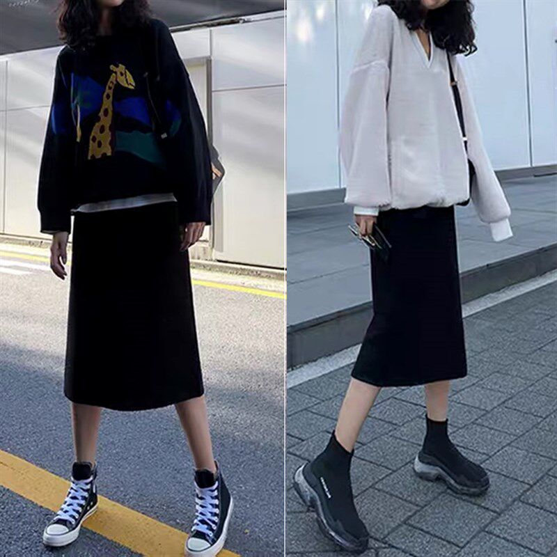 黑色休闲半身裙女2025新款中长款高腰显瘦后侧开叉西装面料直筒裙