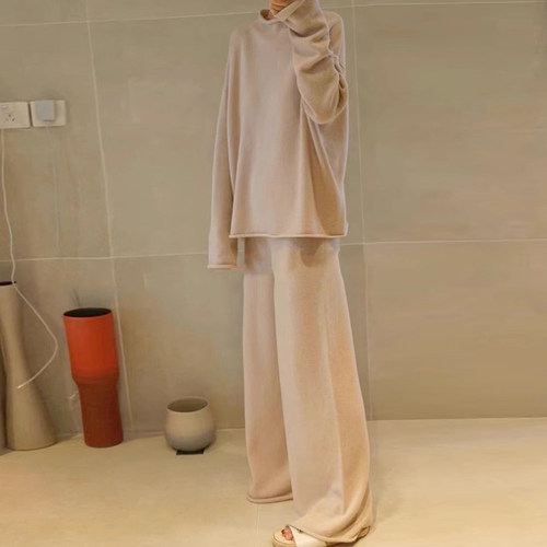 气质茱萸 细腻柔垂羊绒衫上衣与裤子 自由卷边针织两件式套装加厚