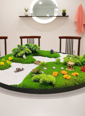 新中式酒店大圆桌转盘装饰品微缩景观H圆形微缩摆花景观餐桌花摆