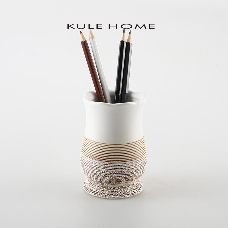 OME 文房用具创意文具时尚圆形陶瓷精品多功办Y公室桌面笔筒