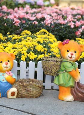 花园庭院装饰摆件卡通熊可爱动物户外幼儿园景Q观创意多肉花盆阳