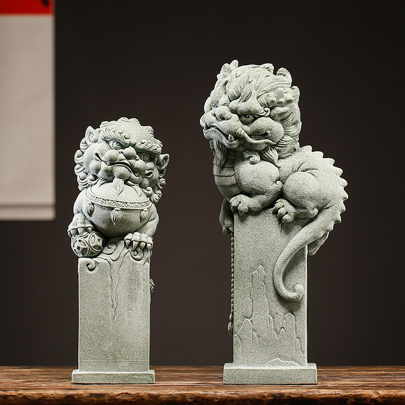青砂石麒麟狮子盘龙柱微景观鱼缸假山造景桌N面动物装饰品家居摆