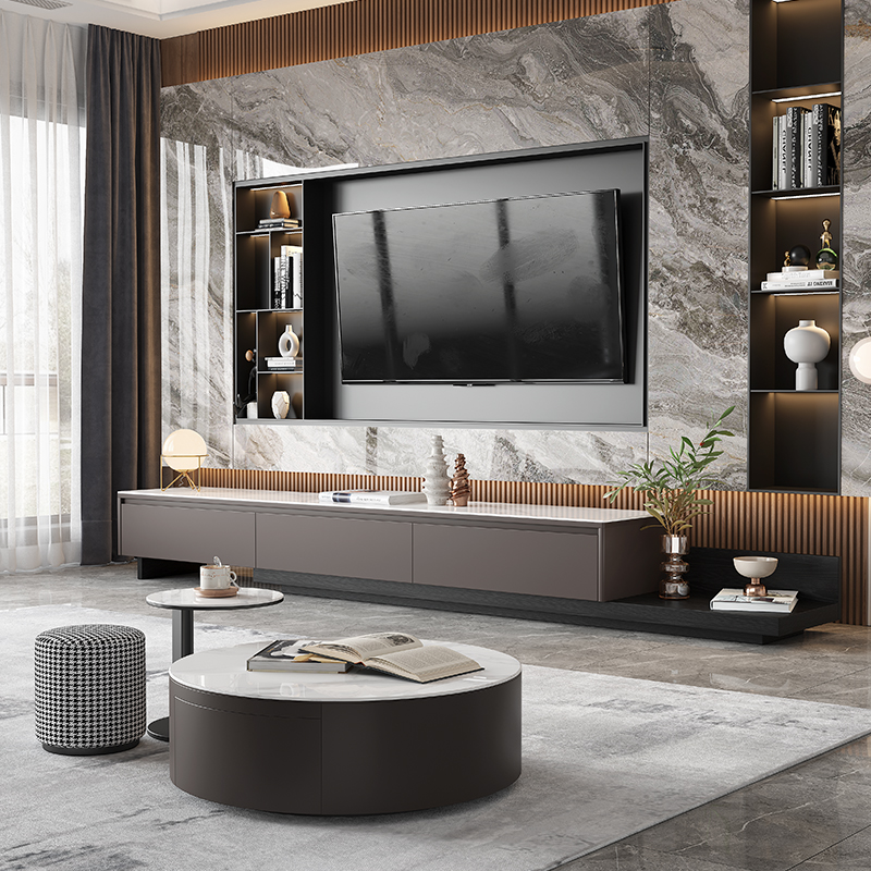 岩板电视柜轻奢可伸缩小t户型客厅烤漆储物地柜茶几电视柜组合