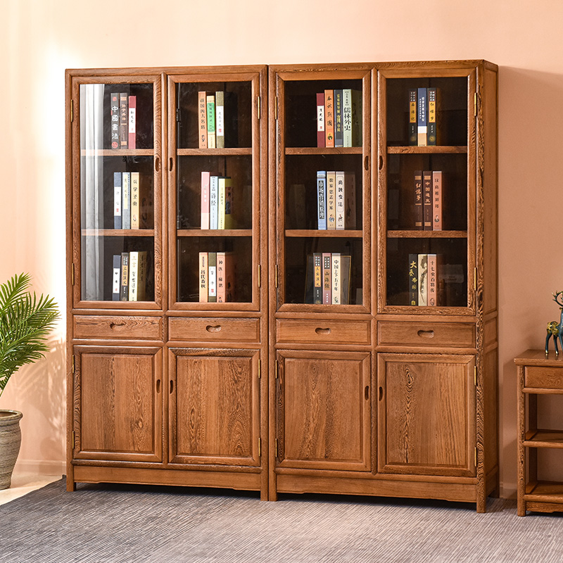 鸡翅木书柜明式实木书整体橱柜带玻璃仿古置物柜展示柜玻璃Z柜红